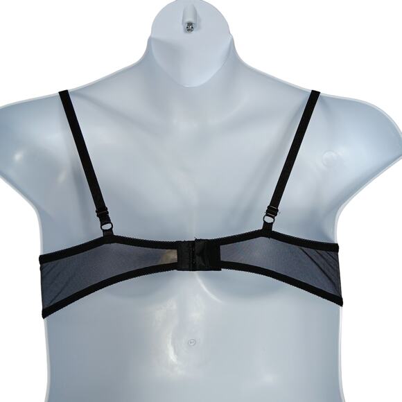 Frederick's Bra Lace and Mesh Black with Ruffled Straps and Blue Bow - Picture 5 of 7